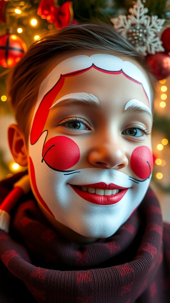 A face painted as Santa Claus with festive decorations in the background.